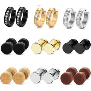 FIBO STEEL 9 Pairs Stud Hoop Earrings for Men Women Stainless Steel Fake Gauge Earrings Ear Tunnel Plug CZ Hoop Men Earrings