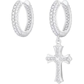 KRKC Cross Earrings for Men, Sterling Silver Hoop Dangle Earrings, Hypoallergenic 14K Gold Plating Cross Dangle Drop Earrings For Men Women