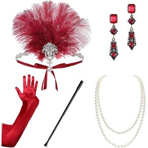 مجموعة إكسسوارات Coucoland 1920s Flapper - غطاء رأس من الريش الزعنفة إكسسوارات زي غاتسبي العظيم للنساء وقفازات سوار وقلادة من اللؤلؤ in Kuwait