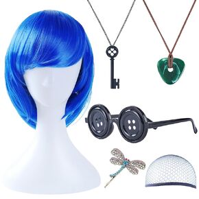 Blue Bob Wig Button Eyes Glasses Key Necklace Green Stone Necklace Dragonfly Hair Clips Halloween Costume Set