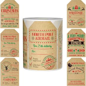 2 * 3 Inch Christmas Label Stickers,80 PCS Per Roll,Christmas Tags,Present Labels in 4 Designs for Christmas,Kraft Paper Christmas Stickers,Christmas Day Decorative Stickers,Holiday Decorative Gifts