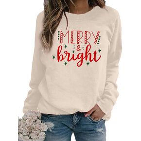 Christmas Sweatshirts for Women Merry and Bright Sweatshirt Merry Christmas Letter Print Shirt Holiday Crewneck Pullover Tops
