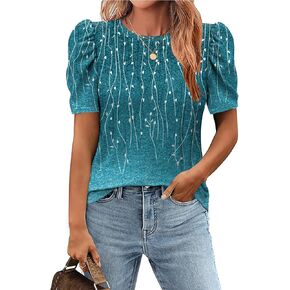 Zeagoo Blouse for Women Dressy Casual Puff Short Sleeve Boho Tops Fashion Floral Crew Neck Tunic Shirts Summer Clothes