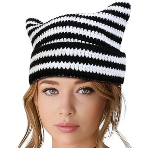 Y2K Beanie for Women Crochet Hat with Cat Ear Cute Fox Hat Vintage Grunge Accessories Knit Cap Slouchy Beanie