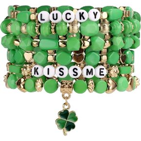 6 Pcs St. Patrick's Day Bracelets, Green Four Leaf Shamrock Bead Stretch Irish Bracelets, Holiday Stackable Bracelets, Luck Beaded Friendship Jewelry for Women Festival Party Decoration