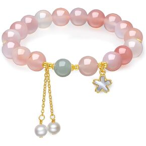 Sterling Silver Beaded Bracelets for Women Silver Pink Agate Pearl Green Gemstone Bead Flower Stretch Bracelet Mom Birthday