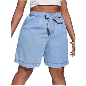 Floerns Women's Plus Size High Waist Belted Wide Leg Denim Shorts
