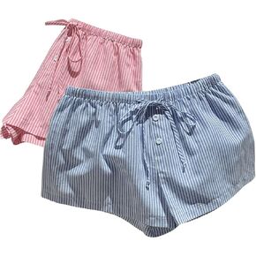 OYOANGLE Women's 2 Pack Striped Linen Shorts Y2K Pinstriped Lounge Shorts Drawstring Waist Wide Leg Shorts