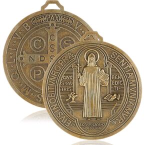 Landical 2 Pcs 5 Inch St Benedict Medals Extra Large Metal Saint Pendant Christmas Vintage Gold Tone Finish Saint Benedict Protection for Door Wall or Desk Display Art Decor Gifts