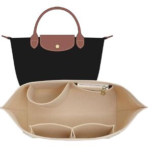 2025 Purse Organizer Insert Compatible with Longchamp Le Pliage Large and More, Felt Zipper Long Champ Bag Organizer Insert with Cup Holder, 8 Compartments (Beige,L)