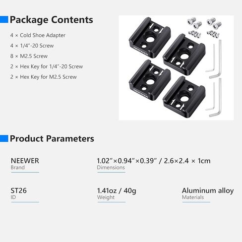 NEEWER Cold Shoe Mount Adapter with 1/4" Thread, Compatible with SmallRig DSLR Camera Cage Microphone LED Light Monitor and More (2 Pack, ST26) in Saudi Arabia