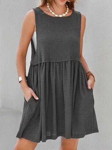 Simplee Apparel حريمي بدون أكمام فستان صيفي فضفاض برقبة دائرية فساتين بيبي دول صغيرة مع جيوب in Kuwait