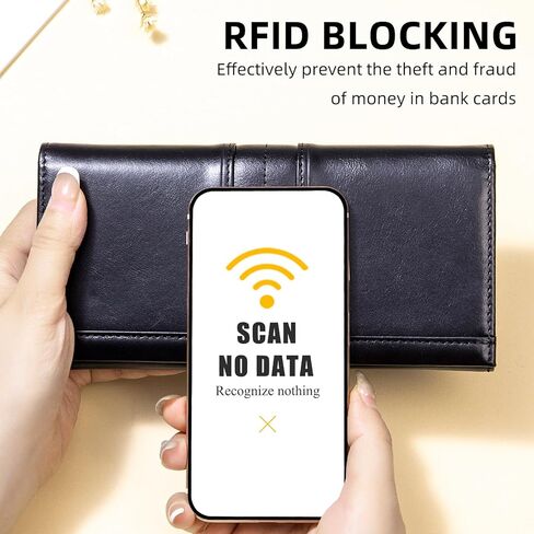 محفظة نحيفة للنساء RFID Blocking محفظة طويلة للسيدات محفظة جلدية ثنائية الطي مع نافذة لبطاقة الهوية بجيب للعملات المعدنية، أسود in Kuwait