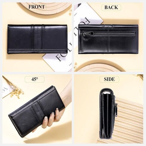محفظة نحيفة للنساء RFID Blocking محفظة طويلة للسيدات محفظة جلدية ثنائية الطي مع نافذة لبطاقة الهوية بجيب للعملات المعدنية، أسود in Kuwait