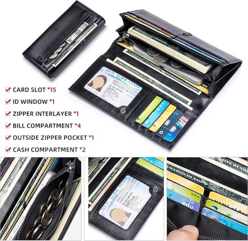 محفظة نحيفة للنساء RFID Blocking محفظة طويلة للسيدات محفظة جلدية ثنائية الطي مع نافذة لبطاقة الهوية بجيب للعملات المعدنية، أسود in Kuwait