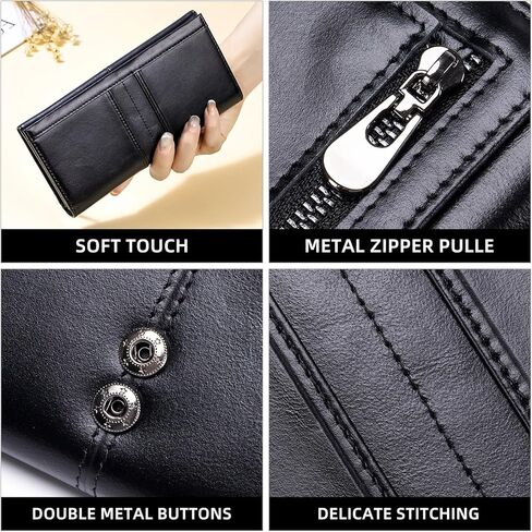 محفظة نحيفة للنساء RFID Blocking محفظة طويلة للسيدات محفظة جلدية ثنائية الطي مع نافذة لبطاقة الهوية بجيب للعملات المعدنية، أسود in Kuwait