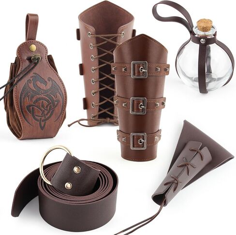 5 PCS Renaissance Accessories Women - Medieval Costume Men and Women Viking Renaissance Belt Renaissance Costume Men and Women Brown in Kuwait