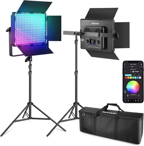 NEEWER 2 Pack RGB1200 LED Video Light مع التحكم APP/2.4G، مجموعة إضاءة فيديو تصوير فوتوغرافي 60 وات مع حامل وحقيبة، 22000Lux@0.5m/1% تعتيم دقيق/360 درجة RGB/ CRI97+/TLCI98+/2500K-8500K/18 تأثيرات in Kuwait