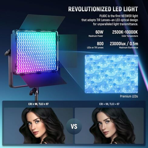 NEEWER 2 Pack RGB1200 LED Video Light مع التحكم APP/2.4G، مجموعة إضاءة فيديو تصوير فوتوغرافي 60 وات مع حامل وحقيبة، 22000Lux@0.5m/1% تعتيم دقيق/360 درجة RGB/ CRI97+/TLCI98+/2500K-8500K/18 تأثيرات in Kuwait
