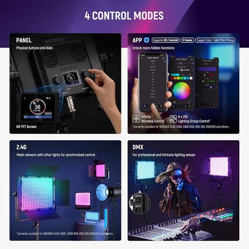NEEWER 2 Pack RGB1200 LED Video Light مع التحكم APP/2.4G، مجموعة إضاءة فيديو تصوير فوتوغرافي 60 وات مع حامل وحقيبة، 22000Lux@0.5m/1% تعتيم دقيق/360 درجة RGB/ CRI97+/TLCI98+/2500K-8500K/18 تأثيرات in Kuwait