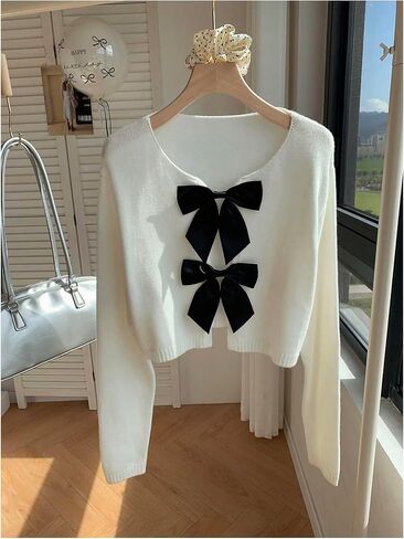 MakeMeChic Women's Bow Front Cardigan Pullover Crew Neck Long Sleeve Crop Sweater Outerwear in Saudi Arabia