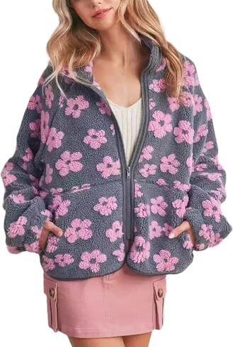 Yeokou Floral Jacket Women Winter Sherpa Fleece Coat Daisy Jacquard Stand Collar Full Zipper Casual Outwear with Pockets in Saudi Arabia
