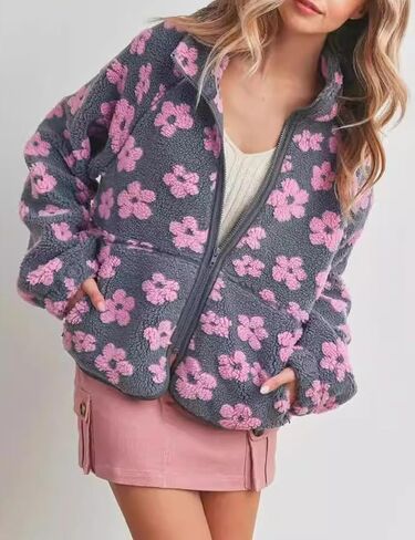Yeokou Floral Jacket Women Winter Sherpa Fleece Coat Daisy Jacquard Stand Collar Full Zipper Casual Outwear with Pockets in Saudi Arabia