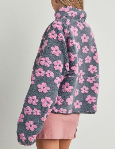 Yeokou Floral Jacket Women Winter Sherpa Fleece Coat Daisy Jacquard Stand Collar Full Zipper Casual Outwear with Pockets in Saudi Arabia