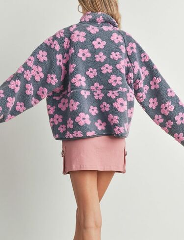 Yeokou Floral Jacket Women Winter Sherpa Fleece Coat Daisy Jacquard Stand Collar Full Zipper Casual Outwear with Pockets in Saudi Arabia
