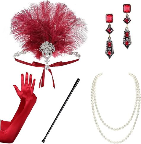 مجموعة إكسسوارات Coucoland 1920s Flapper - غطاء رأس من الريش الزعنفة إكسسوارات زي غاتسبي العظيم للنساء وقفازات سوار وقلادة من اللؤلؤ in Kuwait