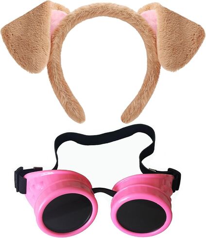 Yezmo Brown Dog Ears Headband Pink Steampunk Goggles Set, Cartoon Puppy Ears Costume Accessories for Women Girls for Cosplay in Kuwait