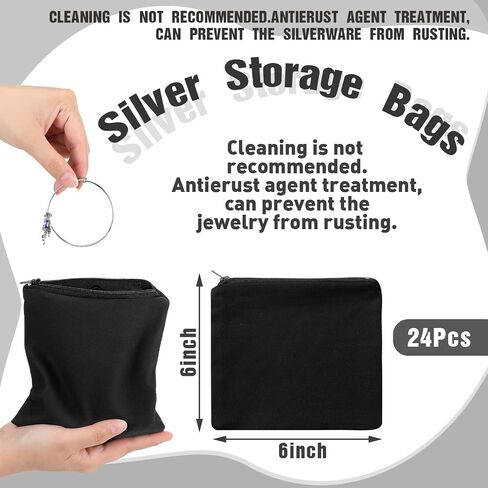 Geosar 24 Pcs Silver Storage Bags Anti Tarnish Jewelry Storage Bags Zippered Silver Keeper for Silverware Silver Jewelry (Black, 6 x 6 Inch) in Kuwait