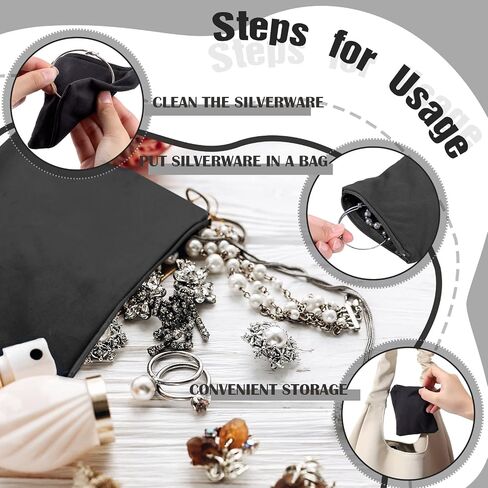 Geosar 24 Pcs Silver Storage Bags Anti Tarnish Jewelry Storage Bags Zippered Silver Keeper for Silverware Silver Jewelry (Black, 6 x 6 Inch) in Kuwait