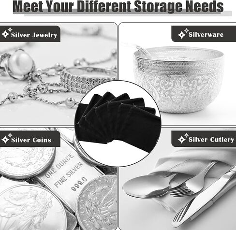 Geosar 24 Pcs Silver Storage Bags Anti Tarnish Jewelry Storage Bags Zippered Silver Keeper for Silverware Silver Jewelry (Black, 6 x 6 Inch) in Kuwait