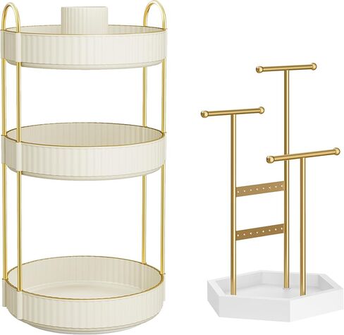 حزمة حامل المجوهرات SONGMICS مع منظم المكياج، 4 مناطق مستقلة، منظم العناية بالبشرة الدائري ثلاثي الطبقات، حامل مجوهرات بإطار معدني، ذهبي وأبيض سحابي UJJS003A01 وUJKA011W01 in Kuwait