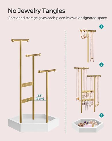 حزمة حامل المجوهرات SONGMICS مع منظم المكياج، 4 مناطق مستقلة، منظم العناية بالبشرة الدائري ثلاثي الطبقات، حامل مجوهرات بإطار معدني، ذهبي وأبيض سحابي UJJS003A01 وUJKA011W01 in Kuwait