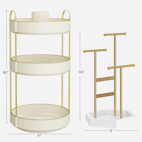 حزمة حامل المجوهرات SONGMICS مع منظم المكياج، 4 مناطق مستقلة، منظم العناية بالبشرة الدائري ثلاثي الطبقات، حامل مجوهرات بإطار معدني، ذهبي وأبيض سحابي UJJS003A01 وUJKA011W01 in Kuwait