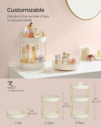 حزمة حامل المجوهرات SONGMICS مع منظم المكياج، 4 مناطق مستقلة، منظم العناية بالبشرة الدائري ثلاثي الطبقات، حامل مجوهرات بإطار معدني، ذهبي وأبيض سحابي UJJS003A01 وUJKA011W01 in Kuwait