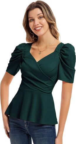 GRACE KARIN 2025 ملابس علوية نسائية أنيقة بيبلوم علوية ملفوفة على شكل حرف V وأكمام قصيرة بلوزة صيفية in Kuwait