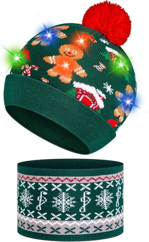 Light Up Christmas Hat, LED Christmas Beanie Hat with Light, Cute Pom Knitted Winter Beanie & Scarf for Kid Thru Adult in Saudi Arabia