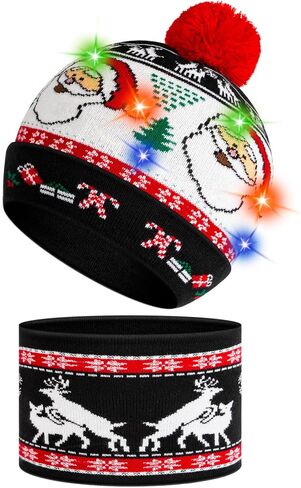 Light Up Christmas Hat, LED Christmas Beanie Hat with Light, Cute Pom Knitted Winter Beanie & Scarf for Kid Thru Adult in Saudi Arabia