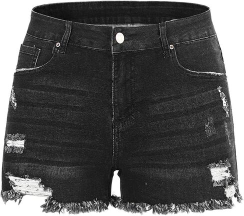 THUNDER STAR Women Mid Rise Ripped Stretchy Jeans Shorts Frayed Raw Hem Casual Denim Shorts in Saudi Arabia
