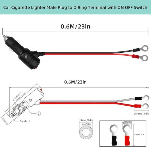 GELRHONR ولاعة السجائر ذكر التوصيل إلى محطة O-Ring، 12V-24V 16AWG كابل تمديد ولاعة السجائر مع 15A الصمامات مع ON OFF التبديل كابل محول، (2Pack 0.6M) in Kuwait