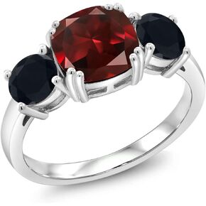 Gem Stone King 925 Sterling Silver Red Garnet and Black Onyx 3 Stone Engagement Ring For Women (3.45 Cttw, Gemstone January Birthstone, Cushion 8MM, Available in Size 5,6,7,8,9)