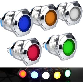 5Pcs 16mm 12V-24V 15mA Energy Saving LED Indicator Waterproof IP67 Metal Signal Light Pilot Dash Lamp 5/8" Mounting Hole for Car Truck Boat (Mixed Color: Red Yellow Blue Green White)