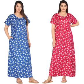 Nightgowns For Women Short Sleeve Soft Indian Nighty For Women Printed Comfort Maxi Long With Pocket, Pack Of 2