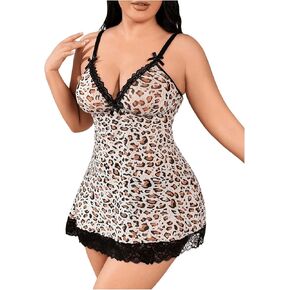 WDIRARA Women's Plus Size Leopard Print Nightgown Lace Trim Mesh Mini Nightdress