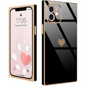 متوافق مع جراب iPhone 15 Pro Max مستطيل للنساء والفتيات لطيف على شكل قلب فاخر مطلي بالذهب مقاوم للصدمات وغطاء حماية كامل لعدسة الكاميرا المرتفعة لهاتف iPhone 15 Pro Max، أسود
