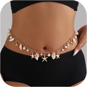Todenb Sea Shell Starfish Waist Chians for Women Boho Conch Pearl Body Chains Waterproof Summer Beach Seashell Chains Waist Body Jewelry