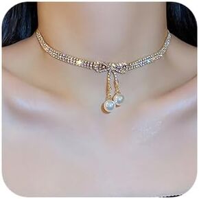 fxmimior Sexy Bow Pendant Pearl Tassels Choker Necklaces Dainty Rhinestones Necklace Handmade Pearl Choker Necklace Pearl Pendant Necklace Simple Pearl Necklace for Women